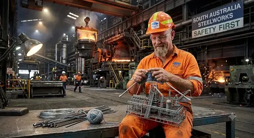 Knitting egg cup hats during night shift at steel mill
