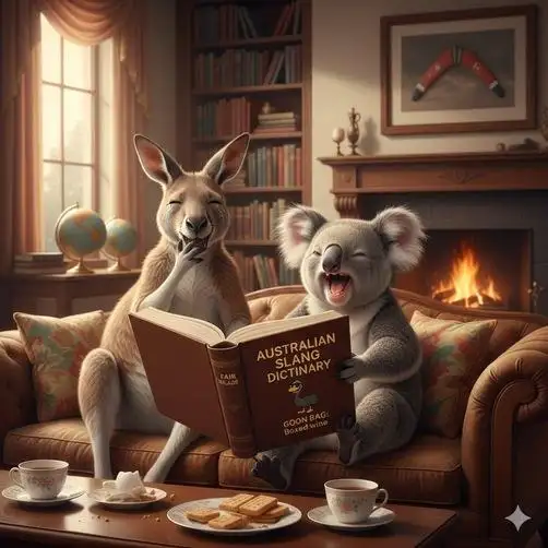 a kangaroo and koala laughing over a book