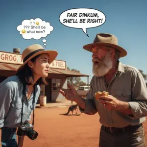 an image of an asian tourist in australia who is trying to understand an australian from the outback