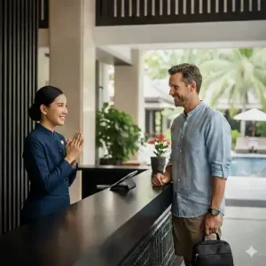 hotel receptionist greeting a guest