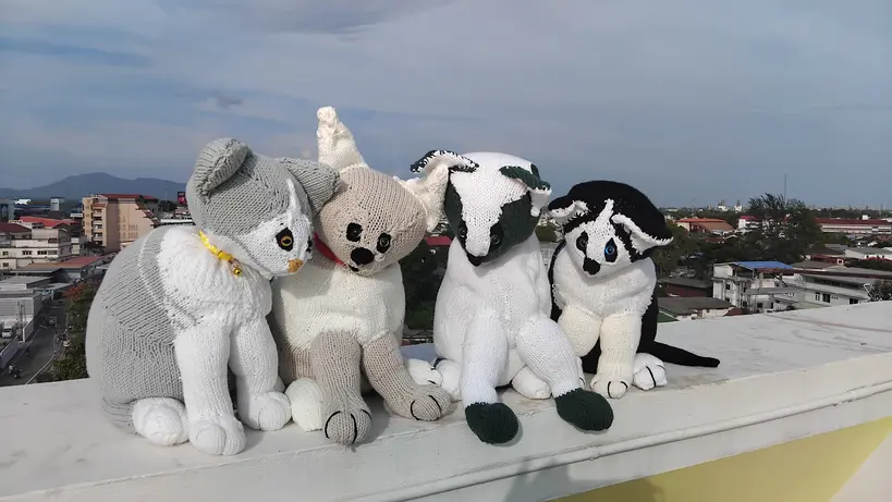 Four knitted ugly cats on the rooftop at Caza