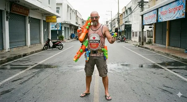 Australian expat with water guns on a quiet street in Thailand during Songkran
