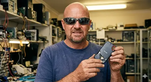 A bald Australian man with a neat goatee and mirrored sunglasses in a tech workshop, holding up a broken, cracked SanDisk external hard drive showing damaged internal components.