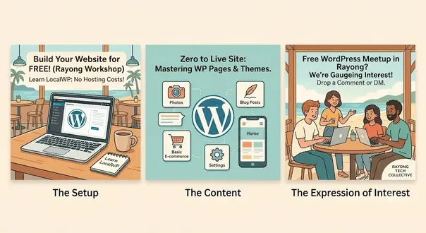 "A three-panel illustration detailing a free WordPress workshop in Rayong. The first panel shows a laptop with the WordPress logo inside a local beachside cafe. The second panel features icons for photos, blog posts, e-commerce, and settings surrounding the WordPress logo. The third panel depicts a group of people collaborating on laptops at a beachside table with text asking for expressions of interest."