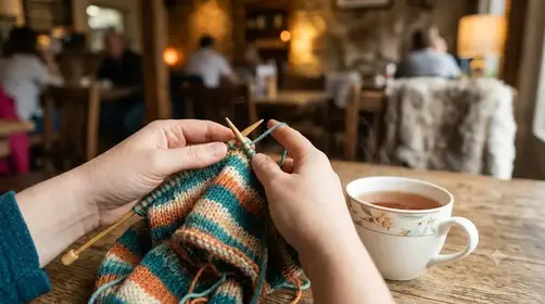 A neat, inviting photo of a circular needle resting on a soft ball of yarn alongside a cup of coffee.