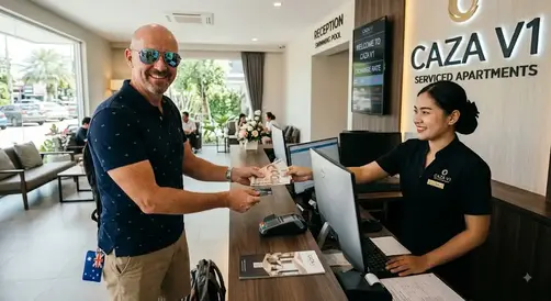 Russell paying accommodation rent at Caza V1 Serviced Apartments in Rayong, Thailand.