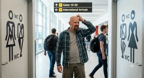 man is confused about which toilet to use