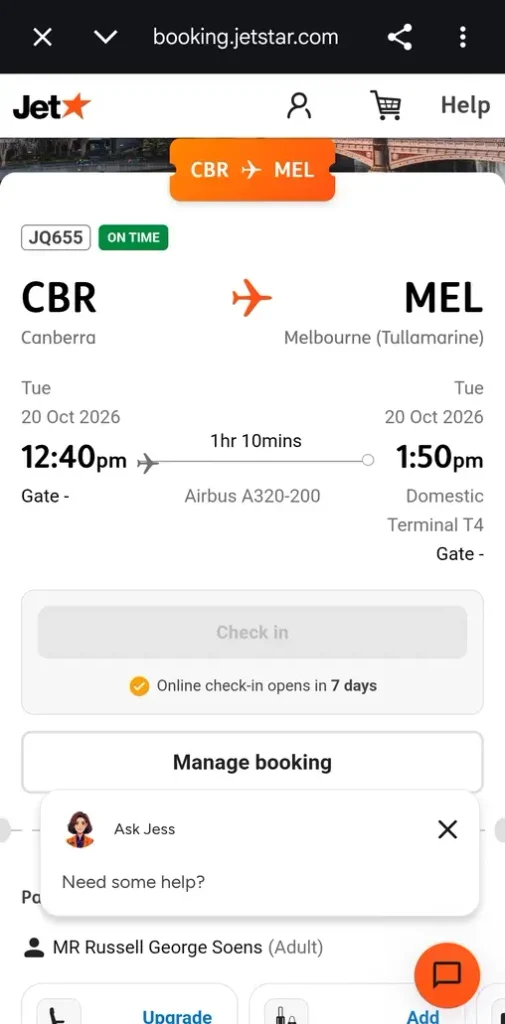 a screenshot of my flight to Melbourne from Canberra